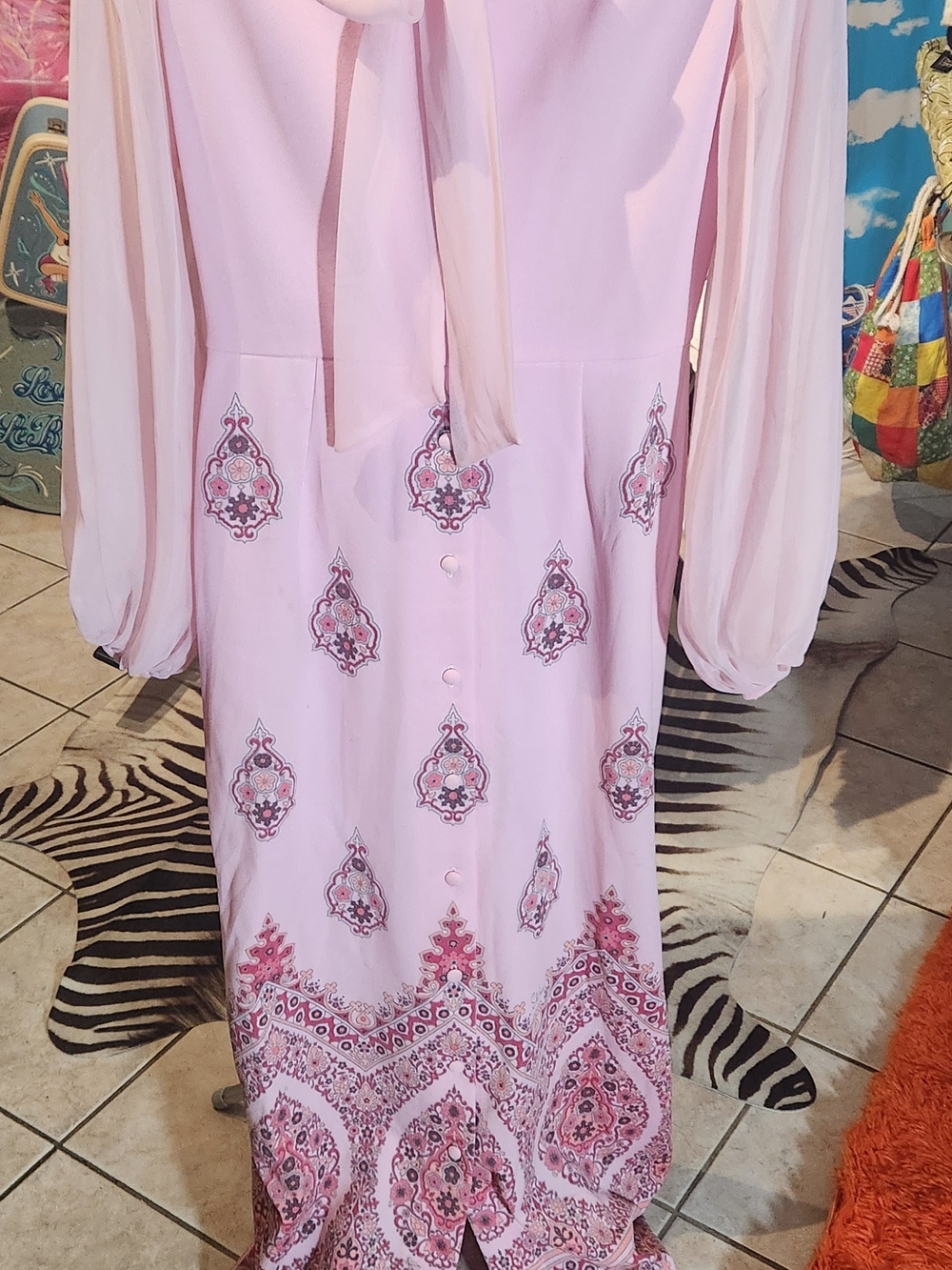 Bohemian Pink Paisley Maxi Dress with Tie Neck